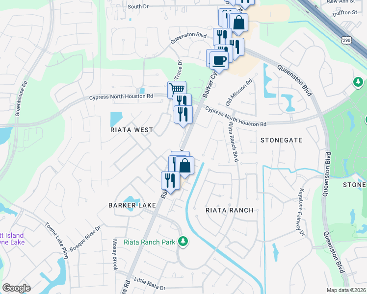 map of restaurants, bars, coffee shops, grocery stores, and more near 11301 Barker Cypress Road in Cypress