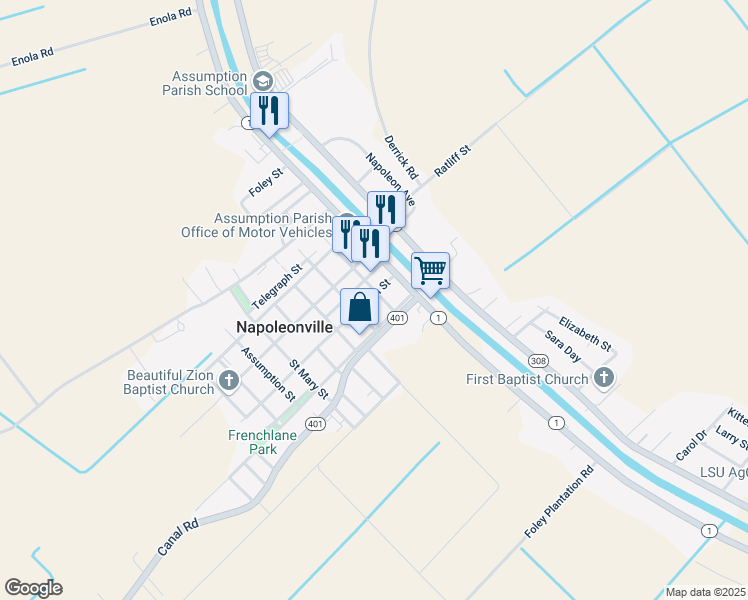 map of restaurants, bars, coffee shops, grocery stores, and more near 206 Jefferson Street in Napoleonville