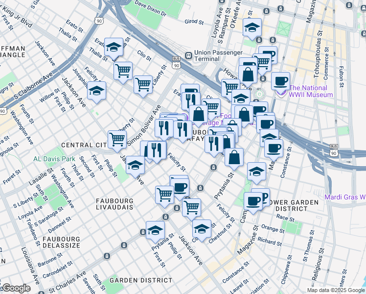 map of restaurants, bars, coffee shops, grocery stores, and more near Oretha Castle Haley Boulevard in New Orleans