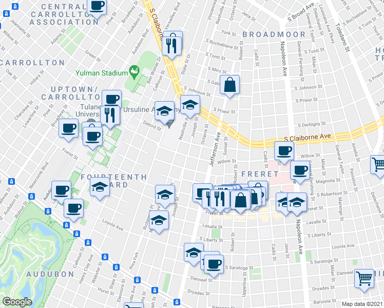map of restaurants, bars, coffee shops, grocery stores, and more near 5718 Cucullu Street in New Orleans