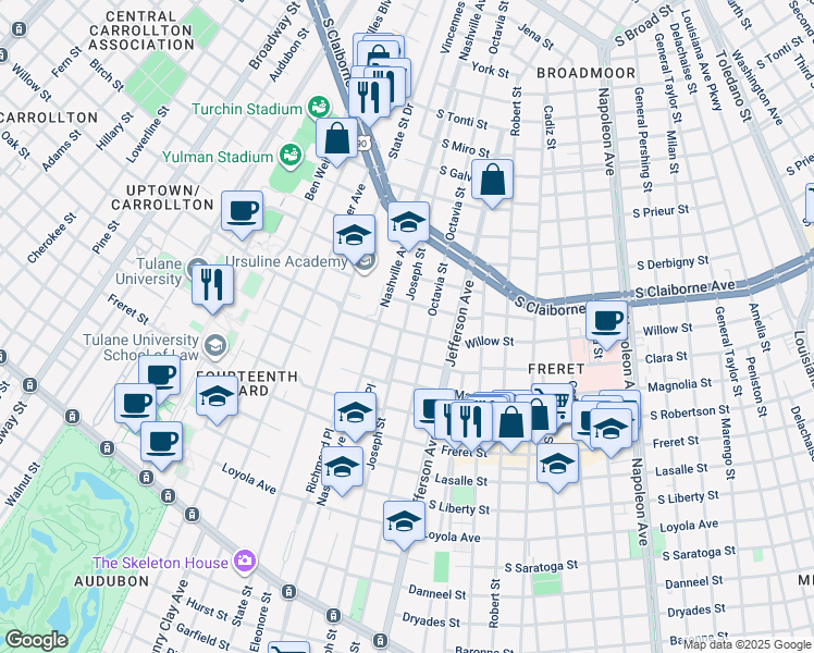 map of restaurants, bars, coffee shops, grocery stores, and more near 5718 Cucullu Street in New Orleans