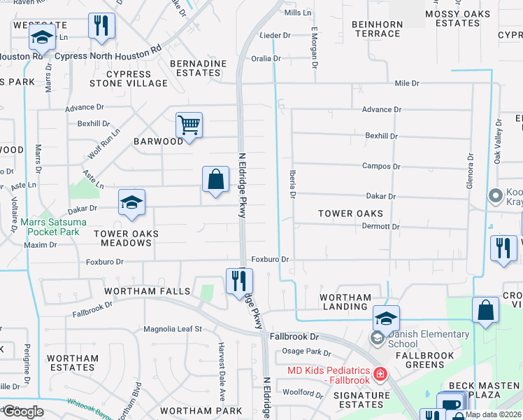 map of restaurants, bars, coffee shops, grocery stores, and more near 12314 Dakar Drive in Houston