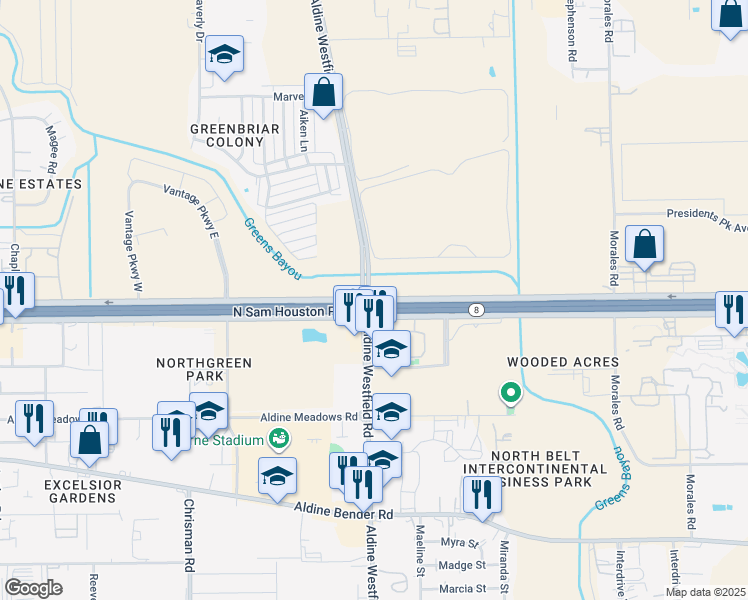 map of restaurants, bars, coffee shops, grocery stores, and more near Texas 8 Beltway Frontage Road in Houston