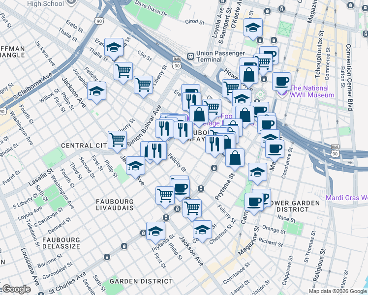 map of restaurants, bars, coffee shops, grocery stores, and more near Oretha Castle Haley Boulevard in New Orleans