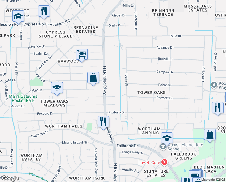 map of restaurants, bars, coffee shops, grocery stores, and more near 12314 Dakar Drive in Houston
