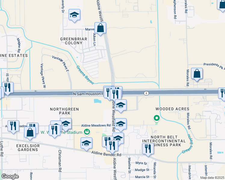 map of restaurants, bars, coffee shops, grocery stores, and more near Texas 8 Beltway Frontage Rd & Aldine Westfield Rd in Houston