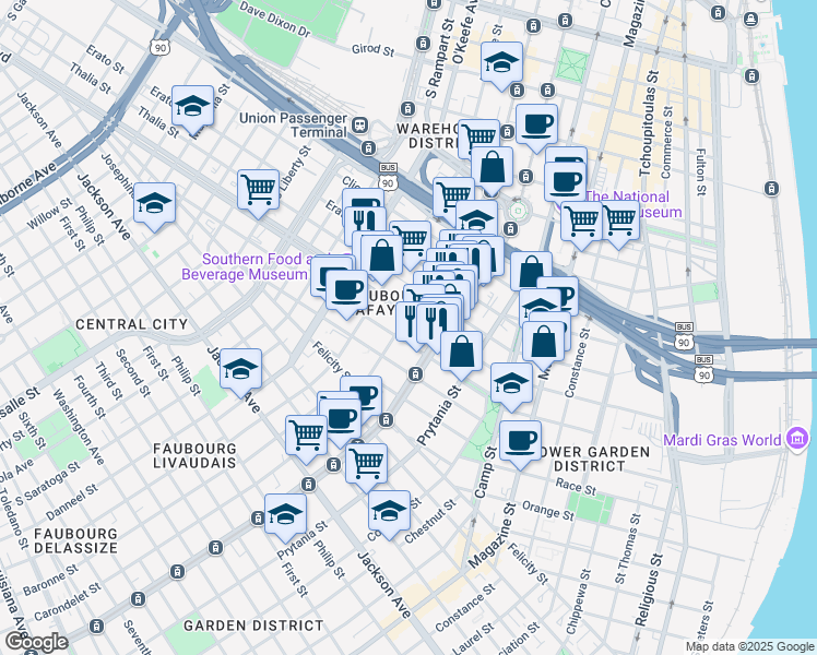 map of restaurants, bars, coffee shops, grocery stores, and more near 1510 Carondelet Street in New Orleans