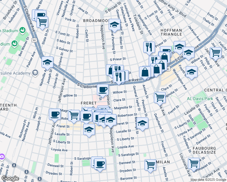 map of restaurants, bars, coffee shops, grocery stores, and more near 4238 South Claiborne Avenue in New Orleans