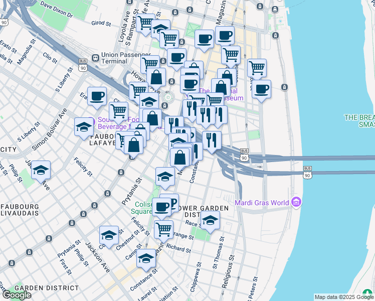 map of restaurants, bars, coffee shops, grocery stores, and more near 1176 Erato Street in New Orleans