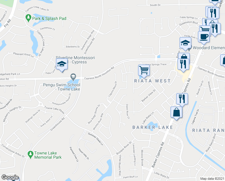 map of restaurants, bars, coffee shops, grocery stores, and more near 10907 Laguna Mesa Drive in Cypress