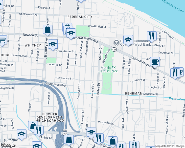 map of restaurants, bars, coffee shops, grocery stores, and more near 11718 Saux Lane in New Orleans