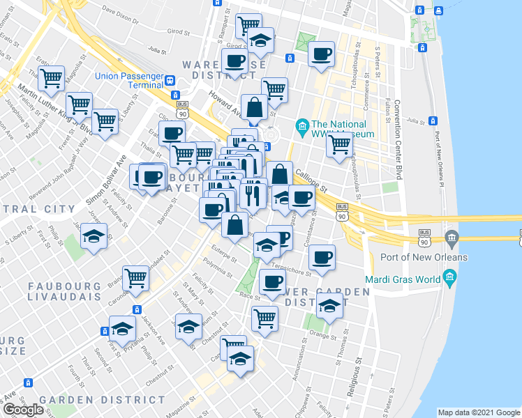 map of restaurants, bars, coffee shops, grocery stores, and more near 1510 Erato Street in New Orleans