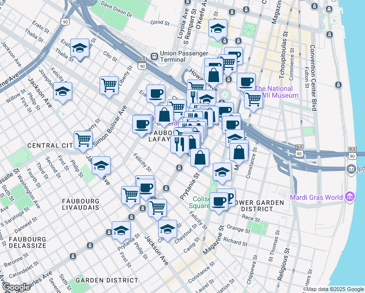 map of restaurants, bars, coffee shops, grocery stores, and more near in New Orleans