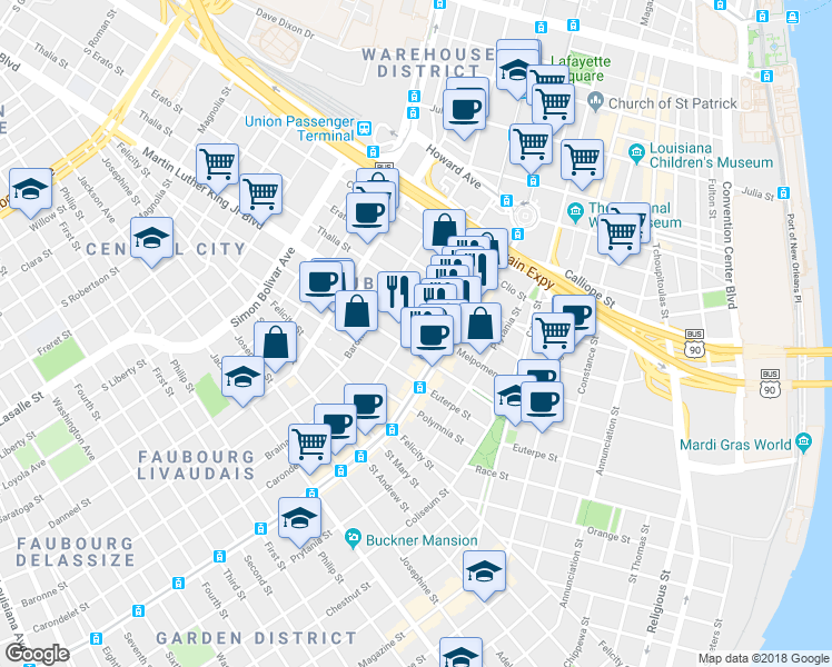 map of restaurants, bars, coffee shops, grocery stores, and more near in New Orleans