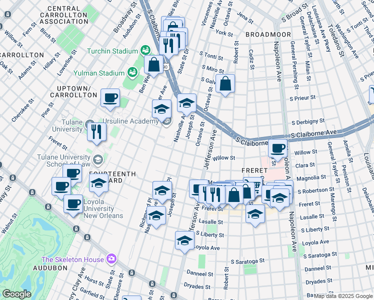 map of restaurants, bars, coffee shops, grocery stores, and more near 5718 Cucullu Street in New Orleans