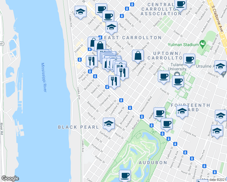 map of restaurants, bars, coffee shops, grocery stores, and more near 7504 Hampson Street in New Orleans