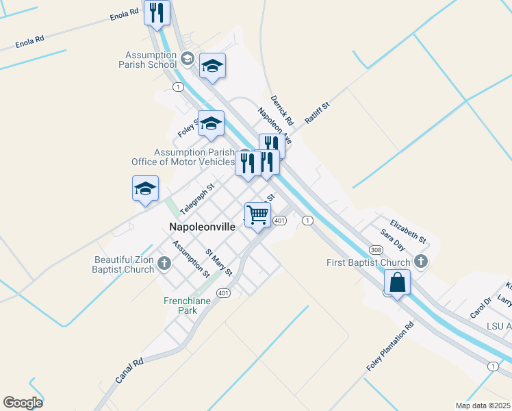 map of restaurants, bars, coffee shops, grocery stores, and more near 206 Jefferson Street in Napoleonville