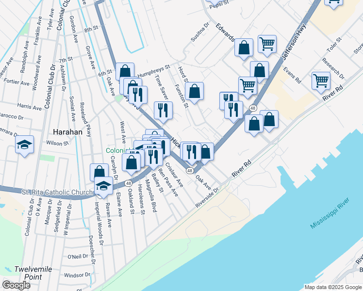 map of restaurants, bars, coffee shops, grocery stores, and more near 217 Hickory Avenue in Harahan