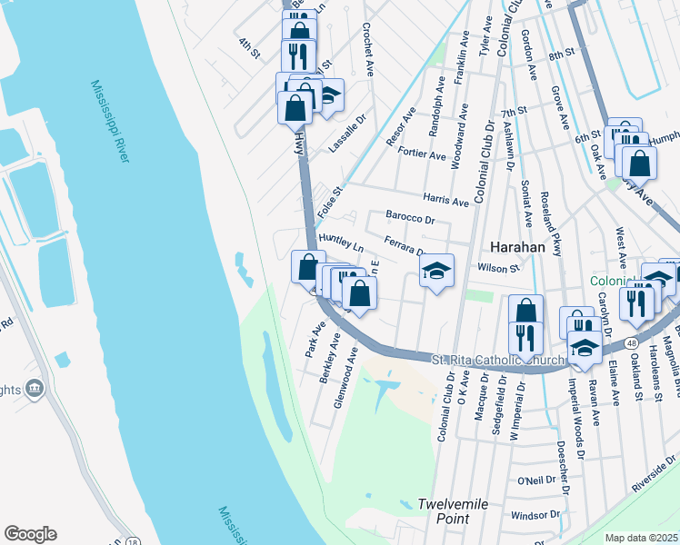 map of restaurants, bars, coffee shops, grocery stores, and more near 257 Malvern Lane in Harahan
