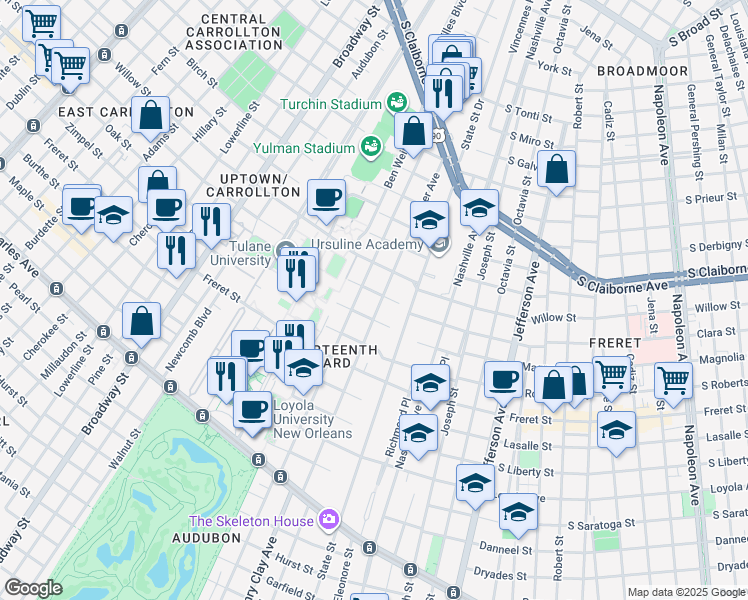 map of restaurants, bars, coffee shops, grocery stores, and more near 2401 Calhoun Street in New Orleans