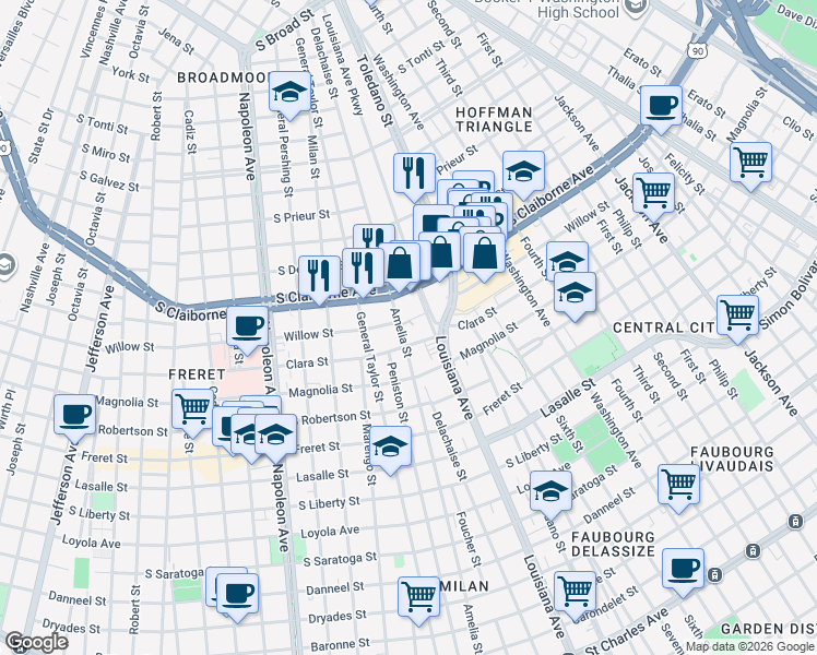 map of restaurants, bars, coffee shops, grocery stores, and more near 2902 Louisiana Avenue in New Orleans