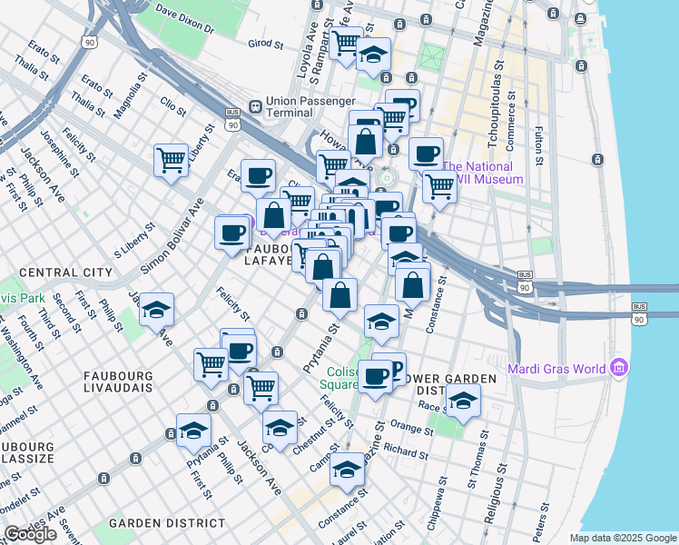 map of restaurants, bars, coffee shops, grocery stores, and more near in New Orleans