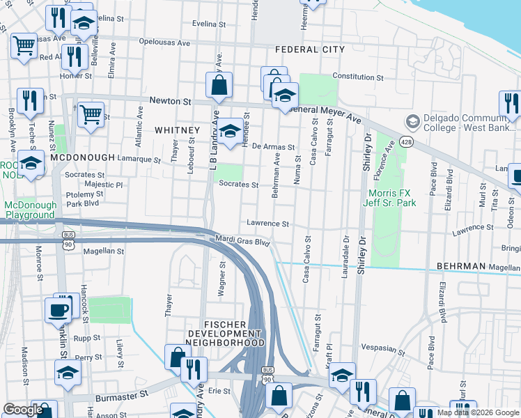 map of restaurants, bars, coffee shops, grocery stores, and more near 1415 Behrman Avenue in New Orleans