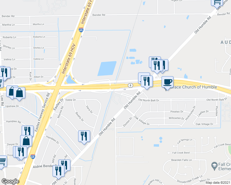map of restaurants, bars, coffee shops, grocery stores, and more near 6820 Old North Belt Drive in Humble