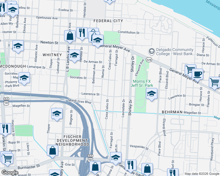 map of restaurants, bars, coffee shops, grocery stores, and more near 1415 Farragut Street in New Orleans