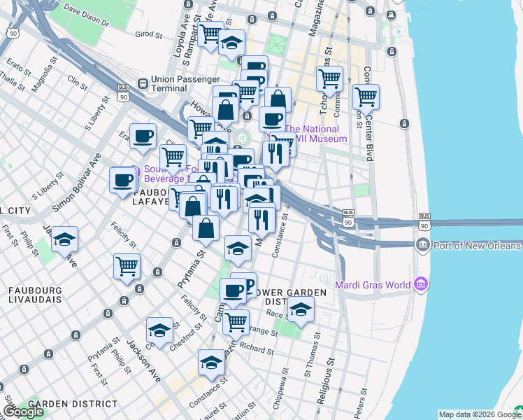 map of restaurants, bars, coffee shops, grocery stores, and more near 1160 Camp Street in New Orleans