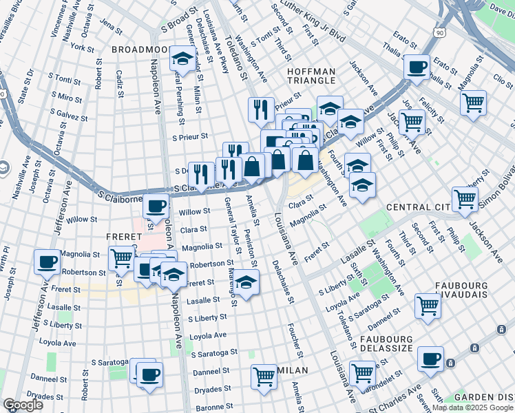 map of restaurants, bars, coffee shops, grocery stores, and more near 2902 Louisiana Avenue in New Orleans