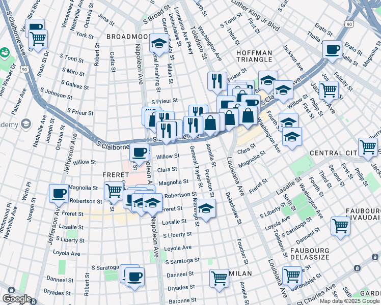 map of restaurants, bars, coffee shops, grocery stores, and more near 4108 South Claiborne Avenue in New Orleans