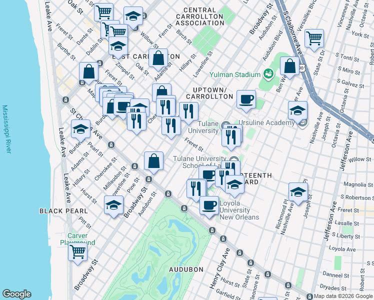 map of restaurants, bars, coffee shops, grocery stores, and more near 7033 Freret Street in New Orleans