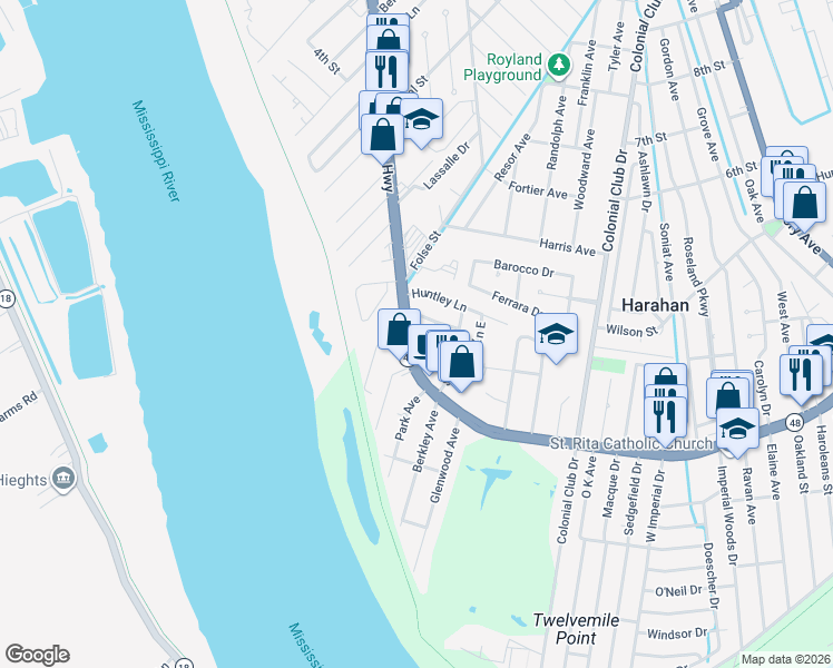 map of restaurants, bars, coffee shops, grocery stores, and more near in Harahan
