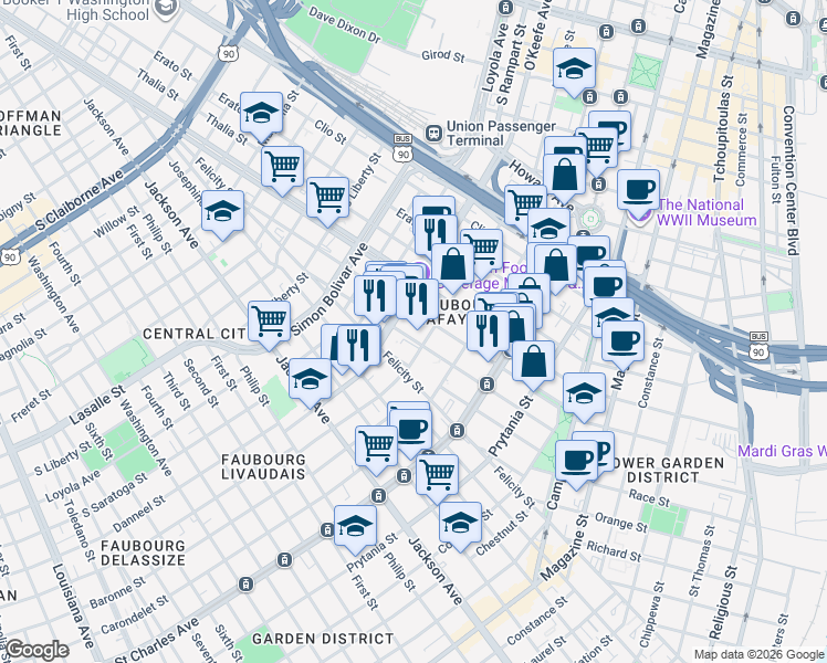 map of restaurants, bars, coffee shops, grocery stores, and more near Oretha Castle Haley Boulevard in New Orleans
