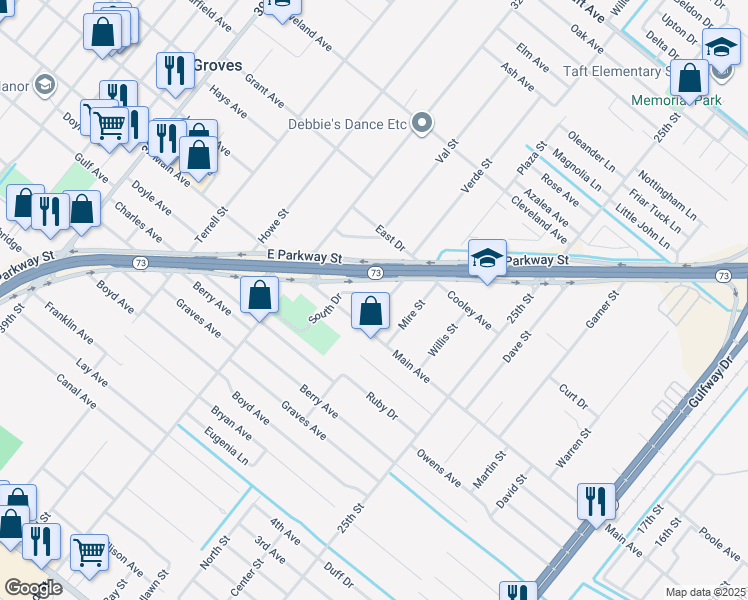map of restaurants, bars, coffee shops, grocery stores, and more near 3014 South Drive in Groves