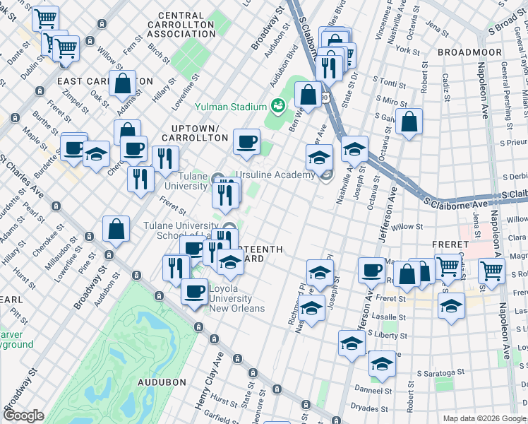 map of restaurants, bars, coffee shops, grocery stores, and more near 2401 Calhoun Street in New Orleans