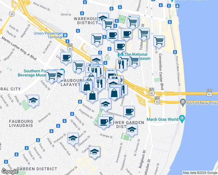 map of restaurants, bars, coffee shops, grocery stores, and more near Camp Street & Erato Street in New Orleans
