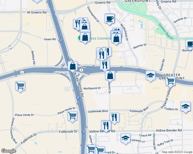 map of restaurants, bars, coffee shops, grocery stores, and more near 6 North Sam Houston Parkway East in Houston
