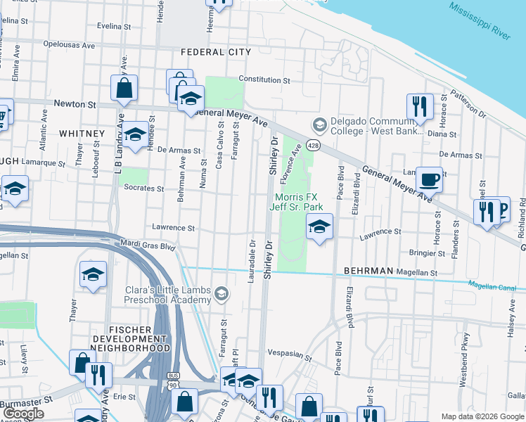 map of restaurants, bars, coffee shops, grocery stores, and more near 1410 Shirley Drive in New Orleans