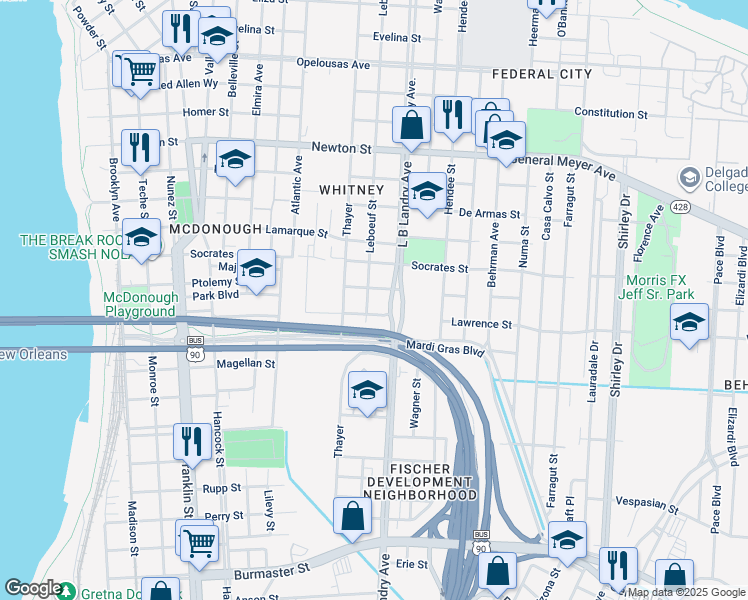 map of restaurants, bars, coffee shops, grocery stores, and more near 1423 Ptolemy Street in New Orleans