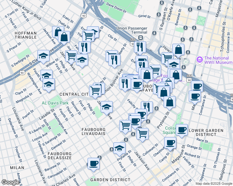 map of restaurants, bars, coffee shops, grocery stores, and more near 2119 Saint Andrew Street in New Orleans