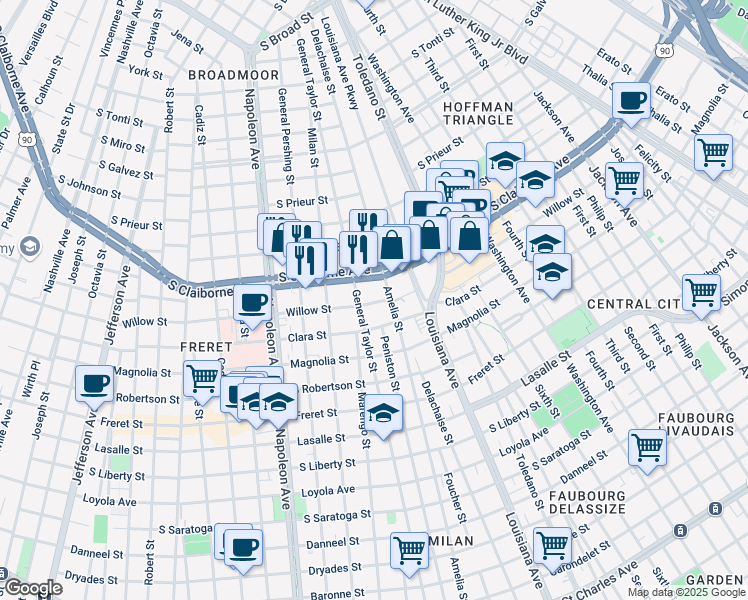 map of restaurants, bars, coffee shops, grocery stores, and more near 3724 South Claiborne Avenue in New Orleans