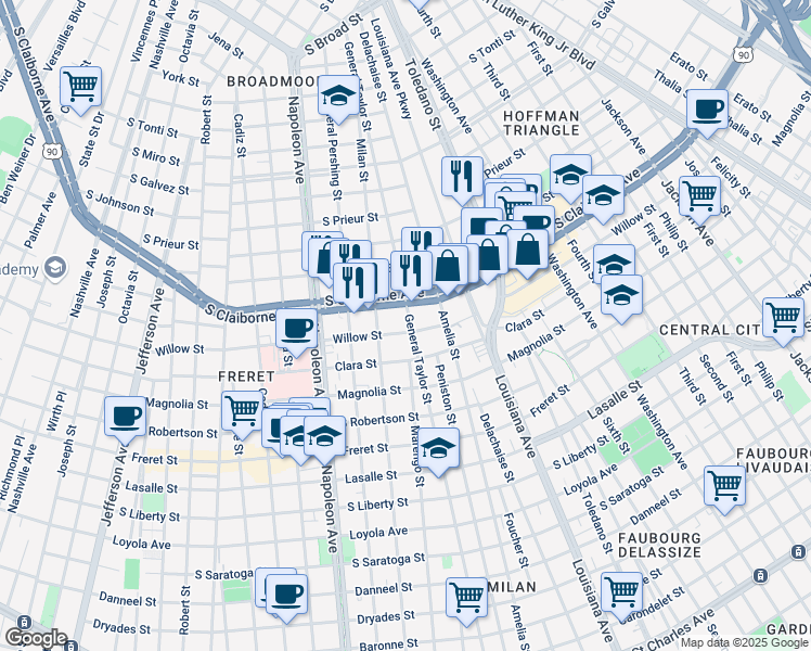 map of restaurants, bars, coffee shops, grocery stores, and more near 4108 South Claiborne Avenue in New Orleans