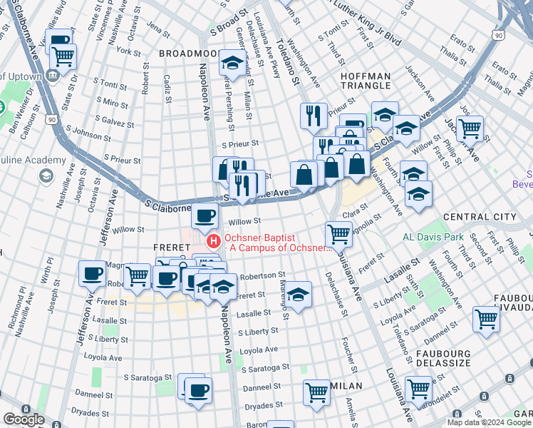 map of restaurants, bars, coffee shops, grocery stores, and more near 4108 South Claiborne Avenue in New Orleans