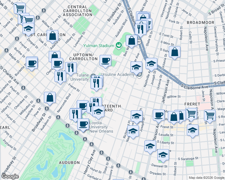 map of restaurants, bars, coffee shops, grocery stores, and more near 2401 Calhoun Street in New Orleans