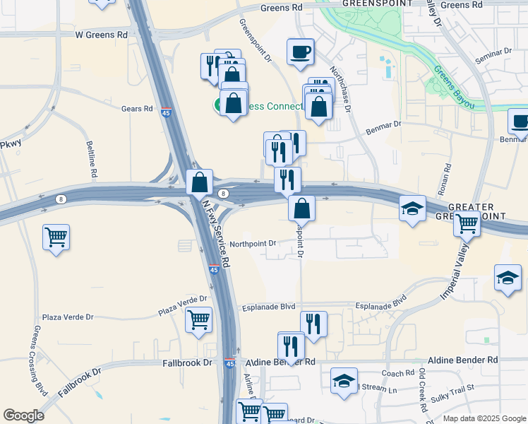 map of restaurants, bars, coffee shops, grocery stores, and more near 50 North Sam Houston Parkway East in Houston