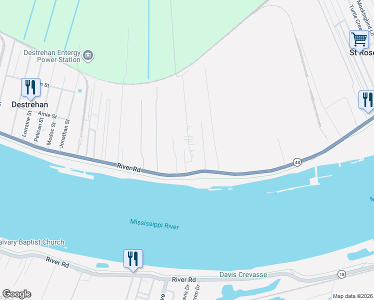 map of restaurants, bars, coffee shops, grocery stores, and more near 109 Oaklawn Drive in Saint Rose