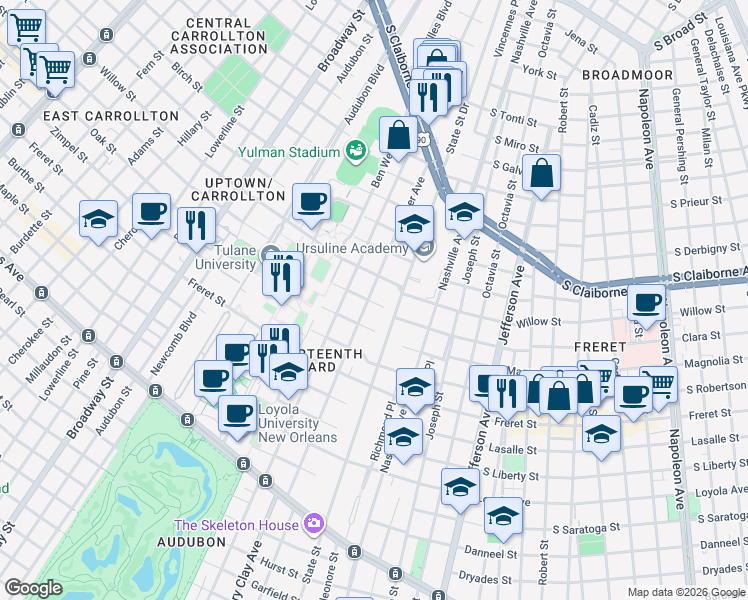 map of restaurants, bars, coffee shops, grocery stores, and more near 6122 Willow Street in New Orleans