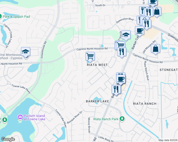 map of restaurants, bars, coffee shops, grocery stores, and more near 10811 Creek Mist Drive in Cypress